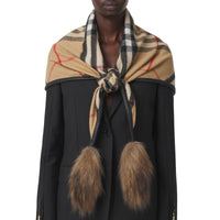 ARCHIVE BEIGE Bandana en cachemire check avec fausse fourrure