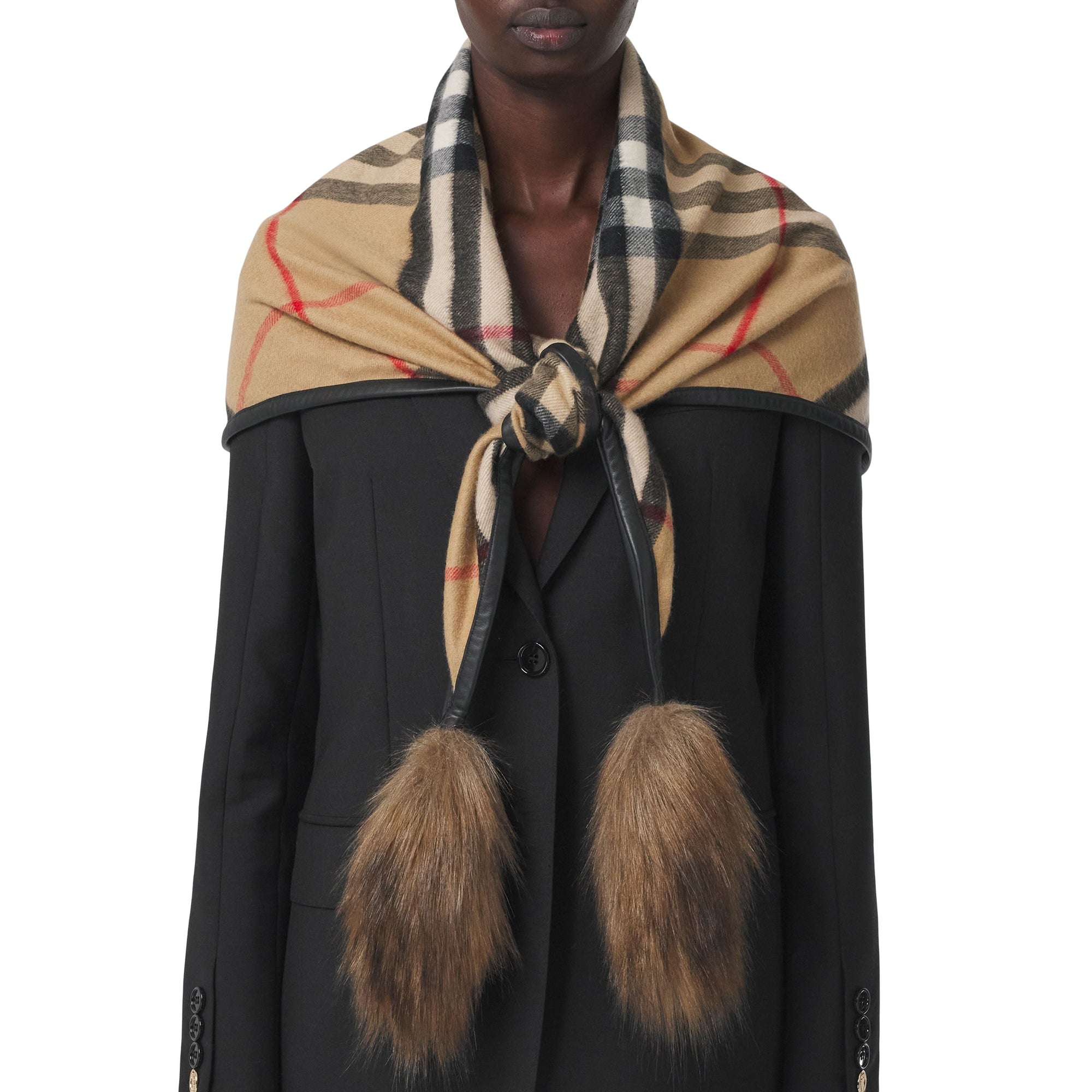 ARCHIVE BEIGE Bandana en cachemire check avec fausse fourrure