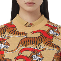 HONEY BEIGE Pull en jacquard de laine technique avec tigre