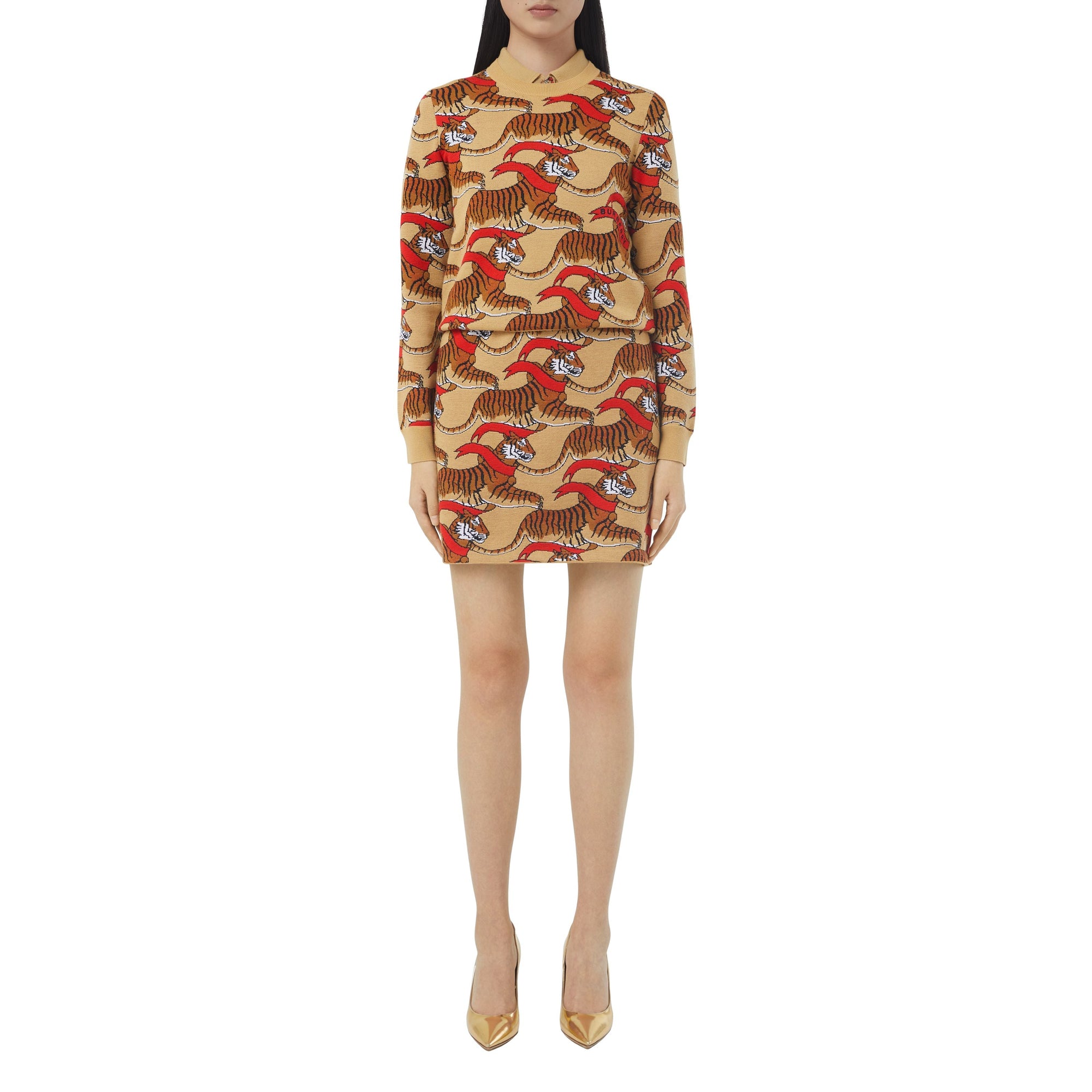 HONEY BEIGE Pull en jacquard de laine technique avec tigre