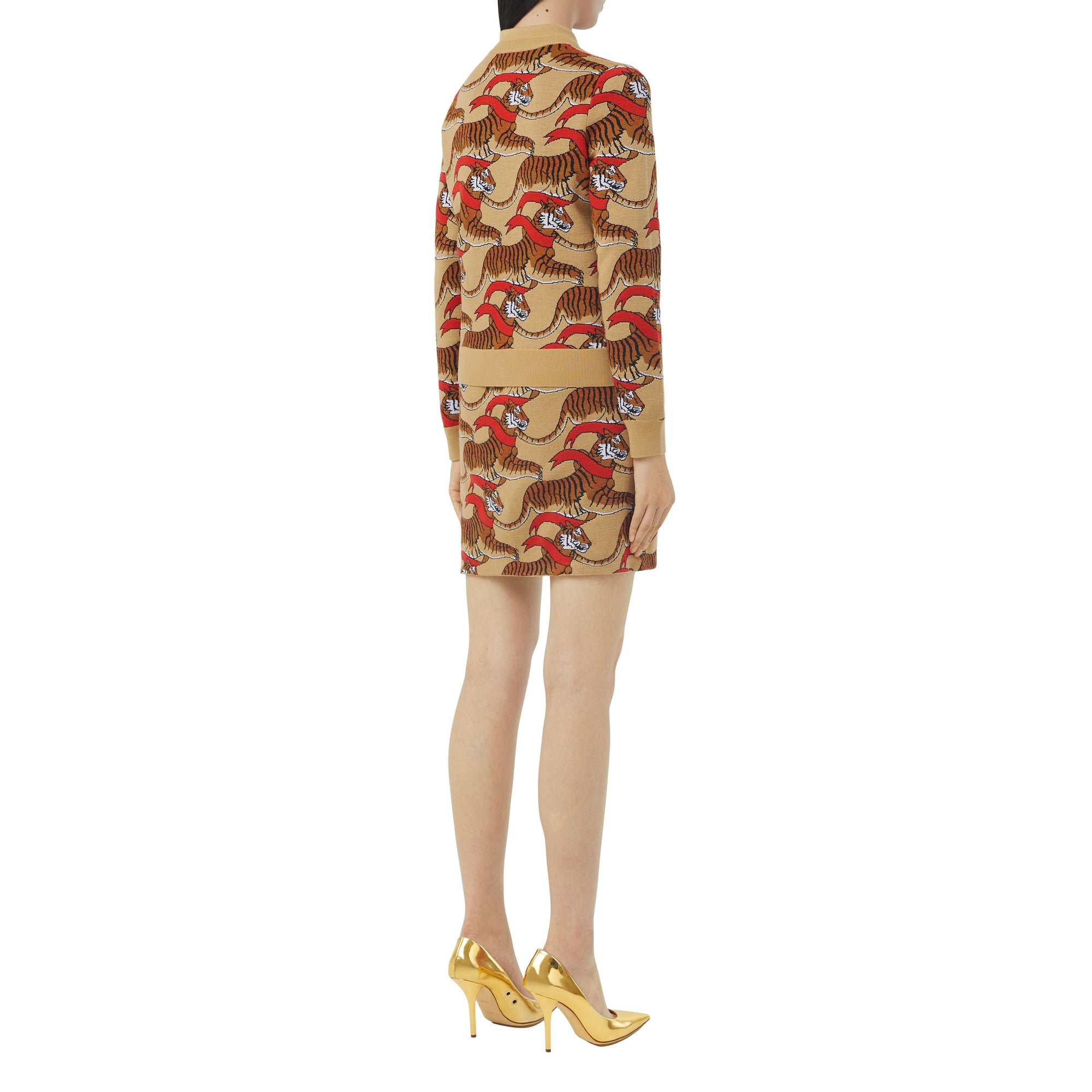 HONEY BEIGE Pull en jacquard de laine technique avec tigre
