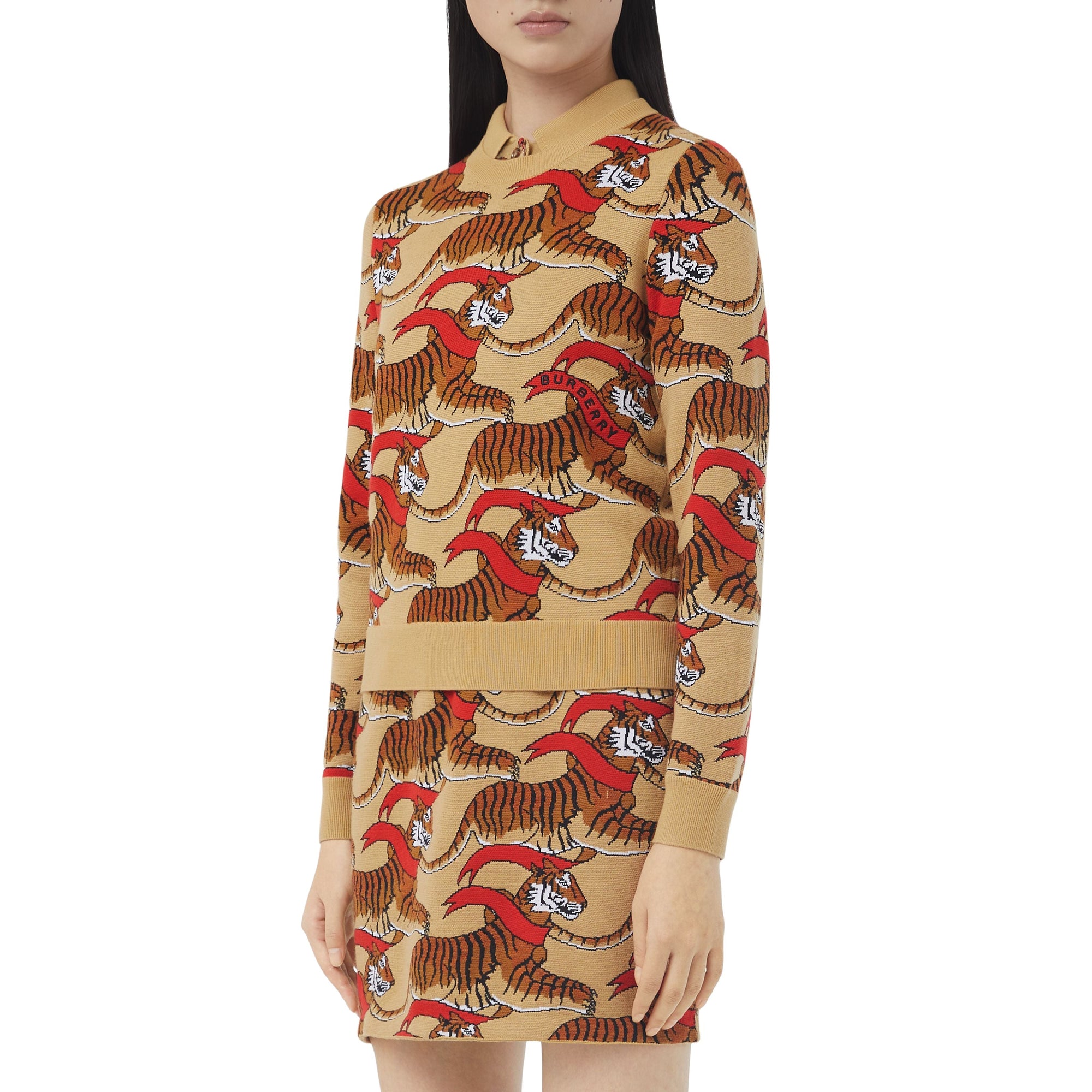 HONEY BEIGE Pull en jacquard de laine technique avec tigre