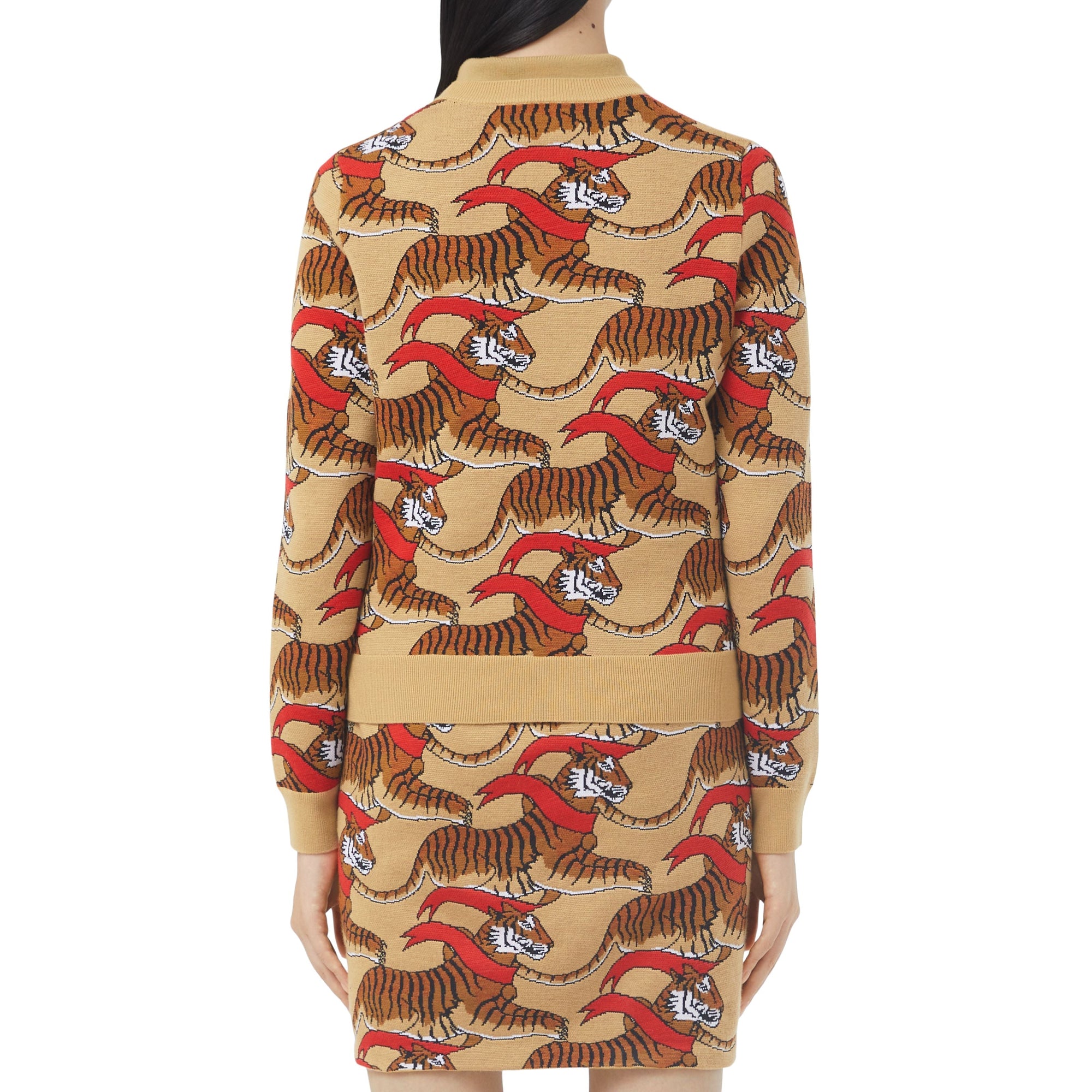 HONEY BEIGE Pull en jacquard de laine technique avec tigre