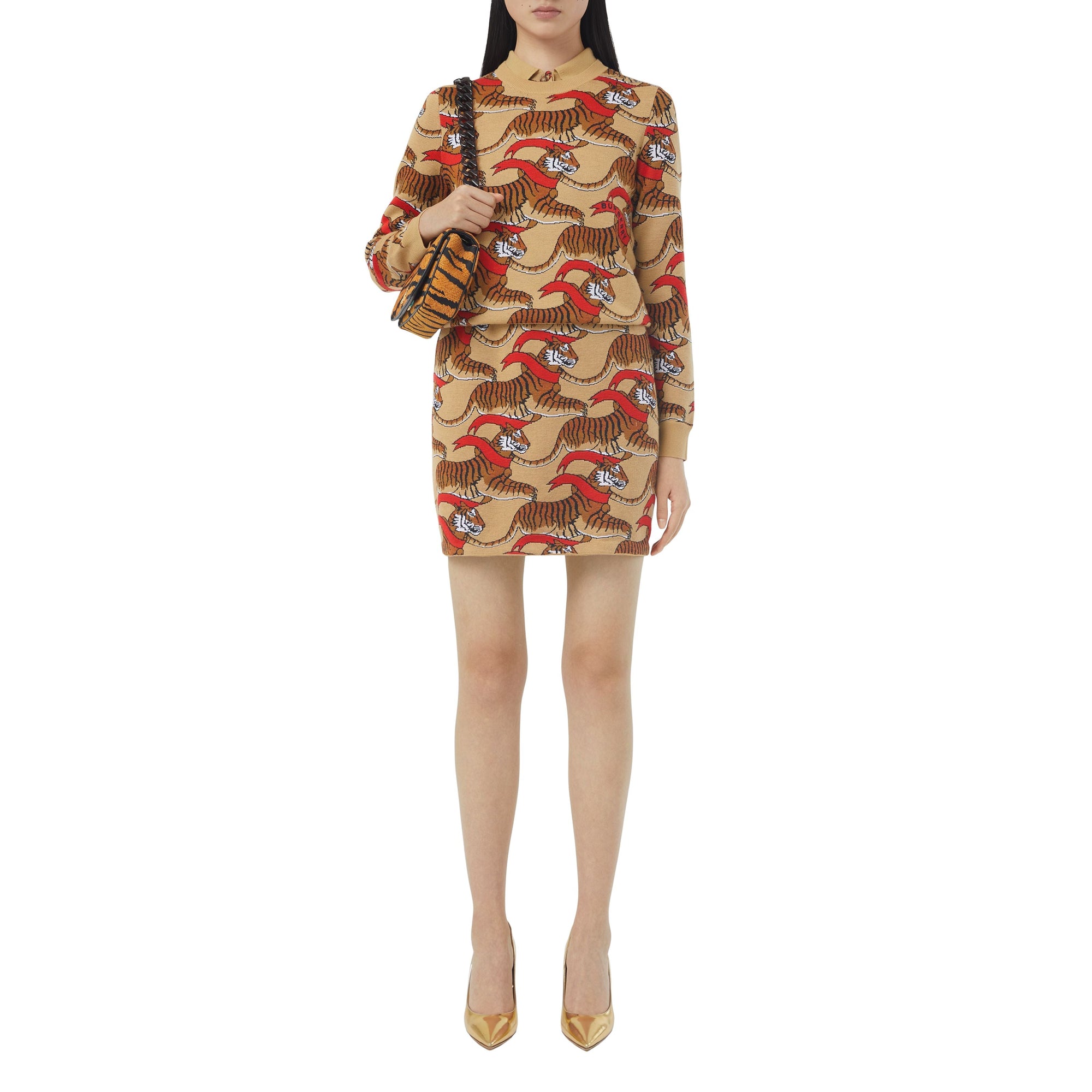 HONEY BEIGE Pull en jacquard de laine technique avec tigre