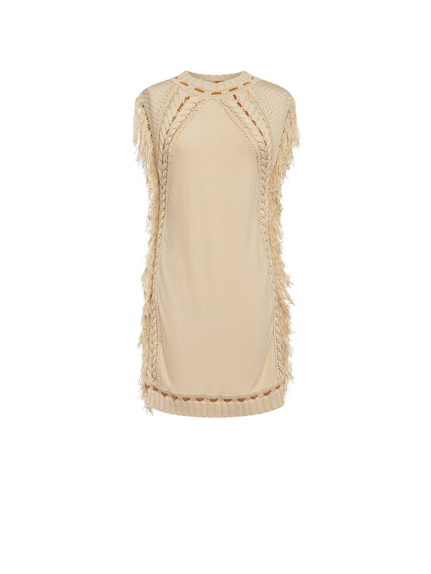 Robe pull sans manches à détails frangés - Beige