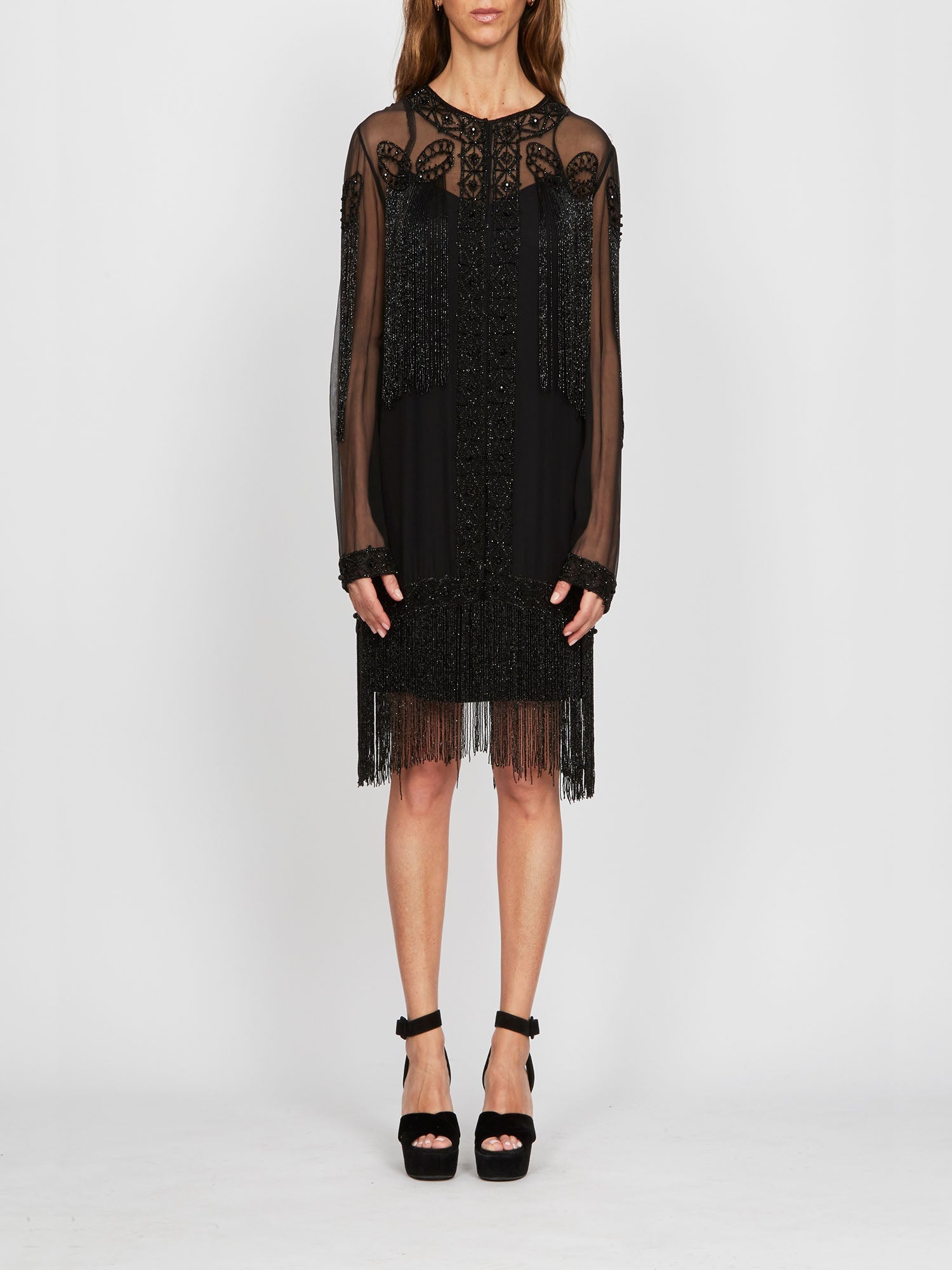Robe mi-longue A.Ferretti jeu de transparence & sequins en soie  - Noir