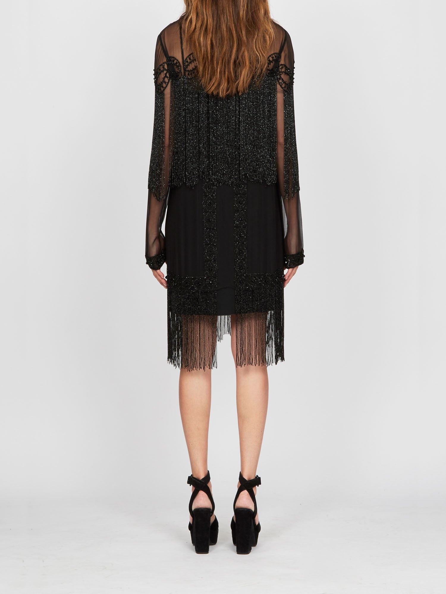 Robe mi-longue A.Ferretti jeu de transparence & sequins en soie  - Noir