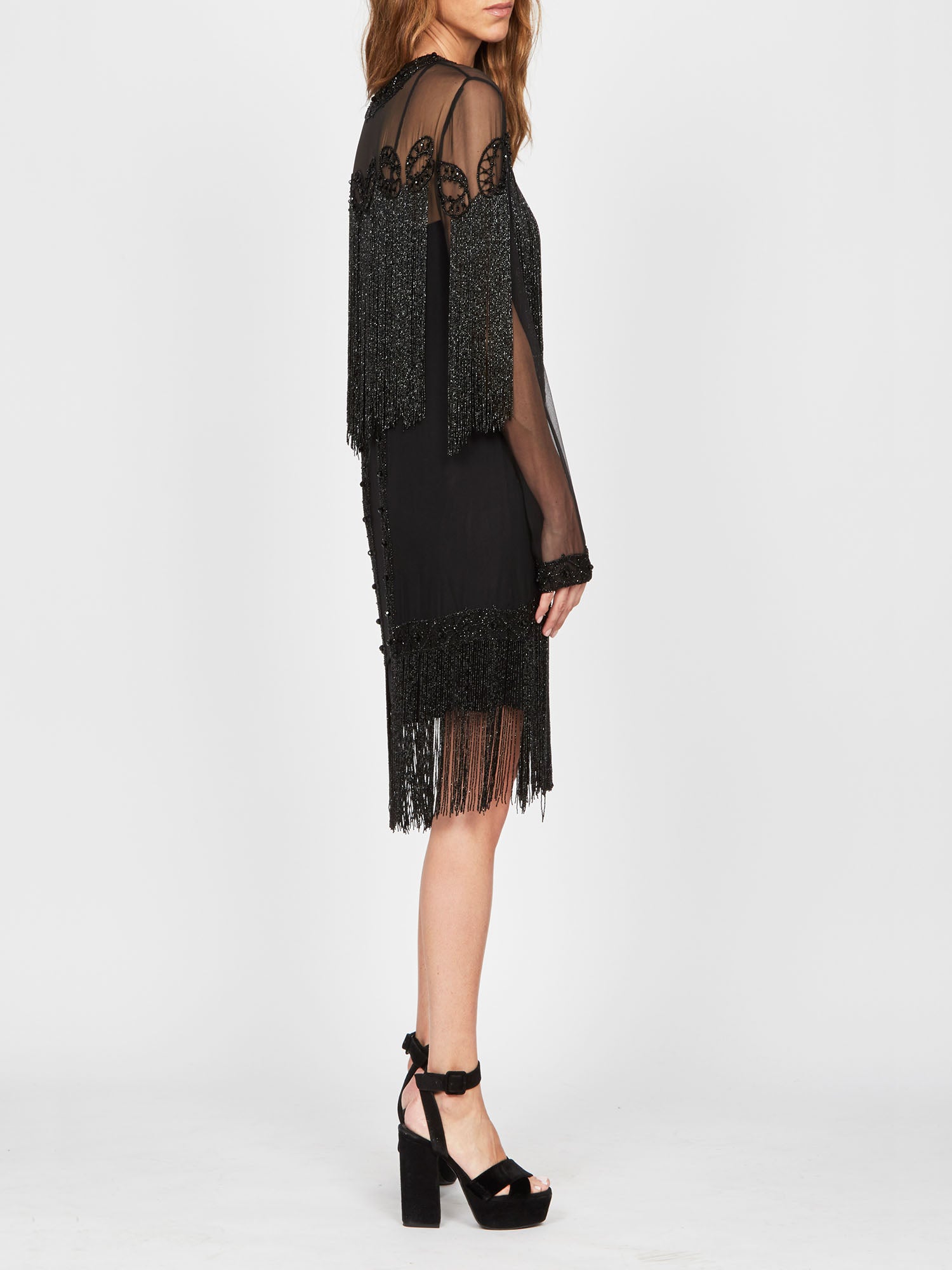 Robe mi-longue A.Ferretti jeu de transparence & sequins en soie  - Noir
