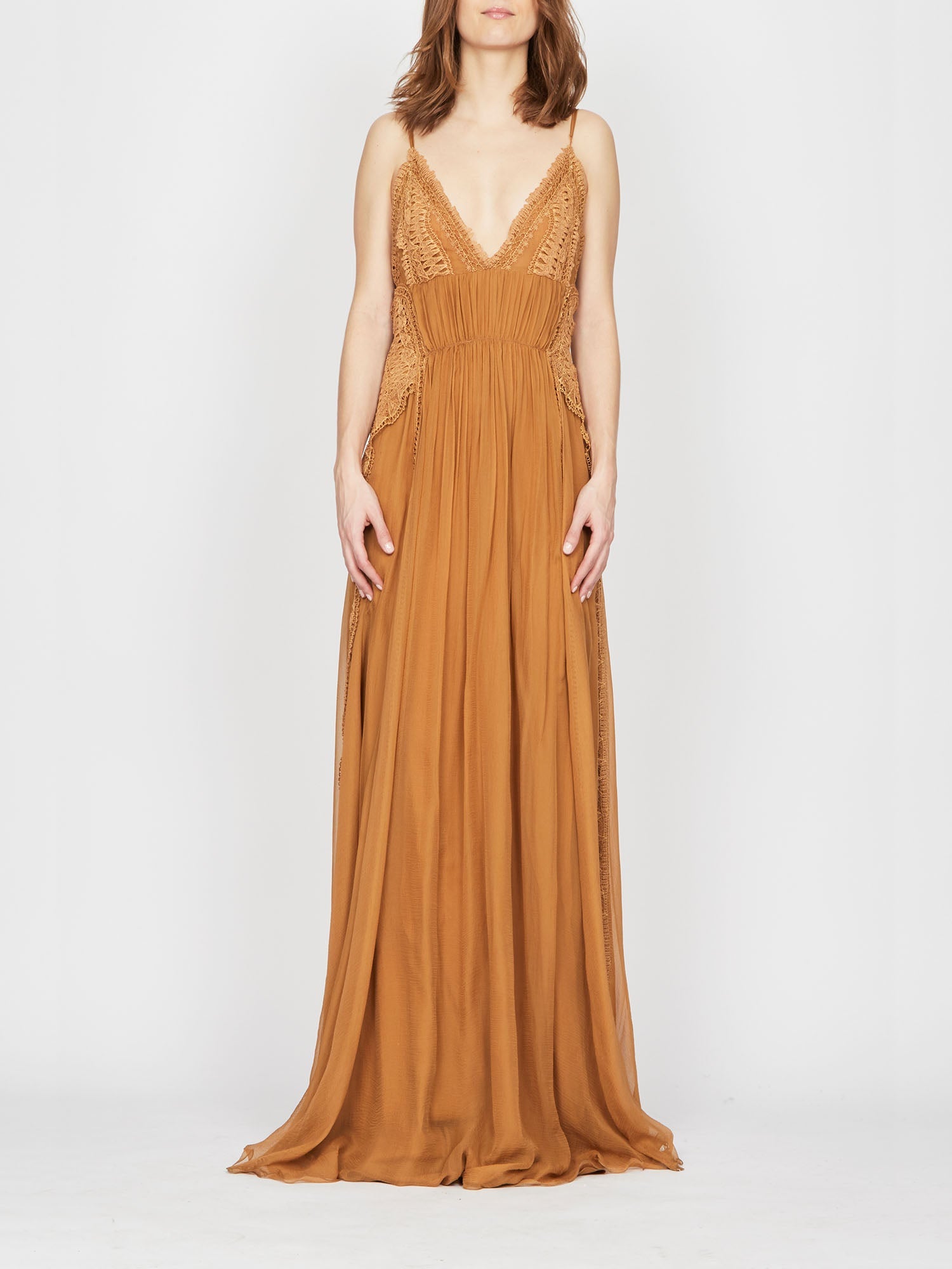 Robe longue A.Ferretti dos nu en soie  - Beige