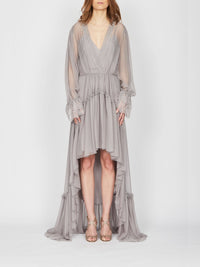 Robe longue A.Ferretti à volants en soie  - Gris