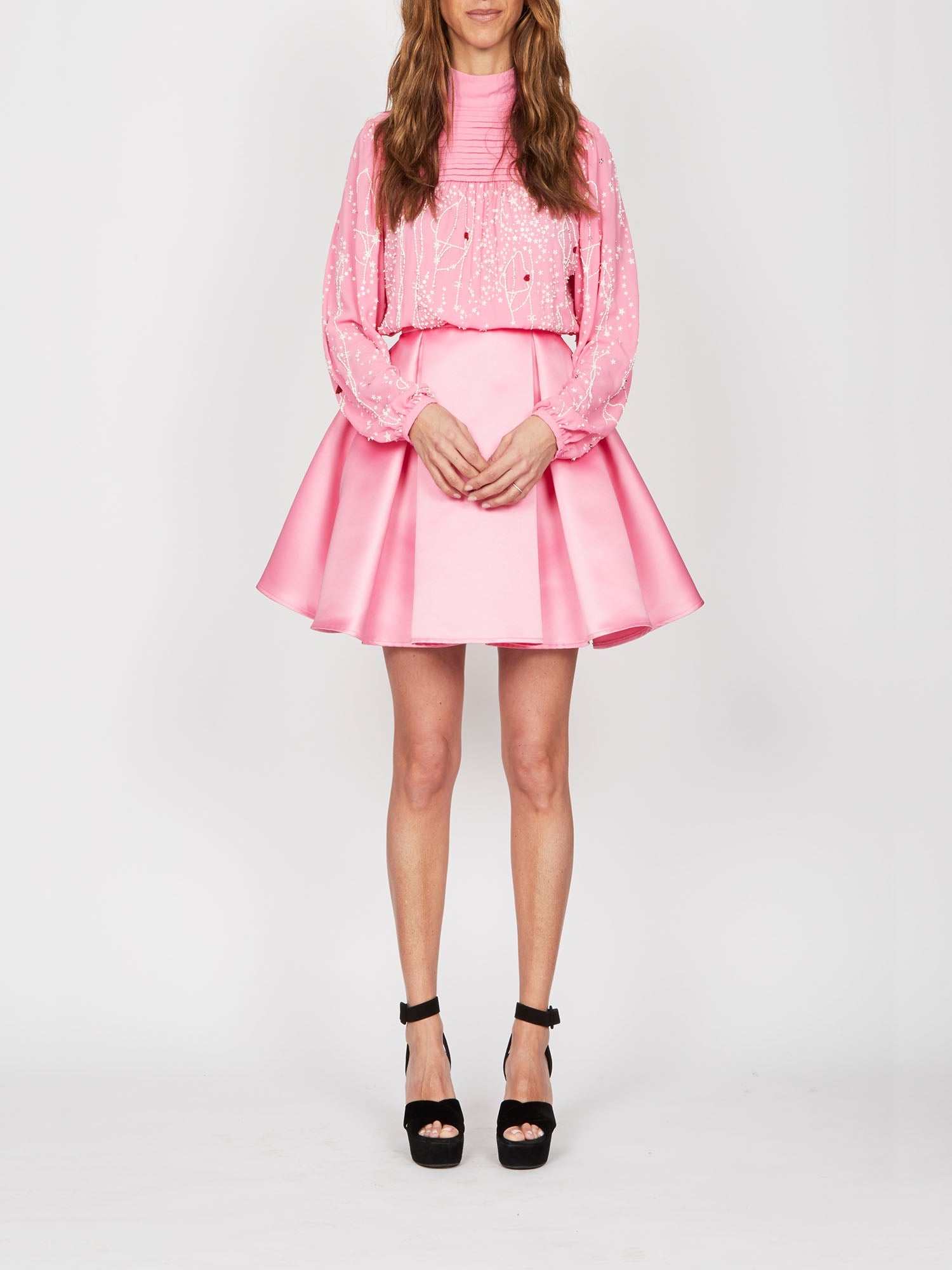 Robe courte E.Franchi col cheminé plissé - Rose