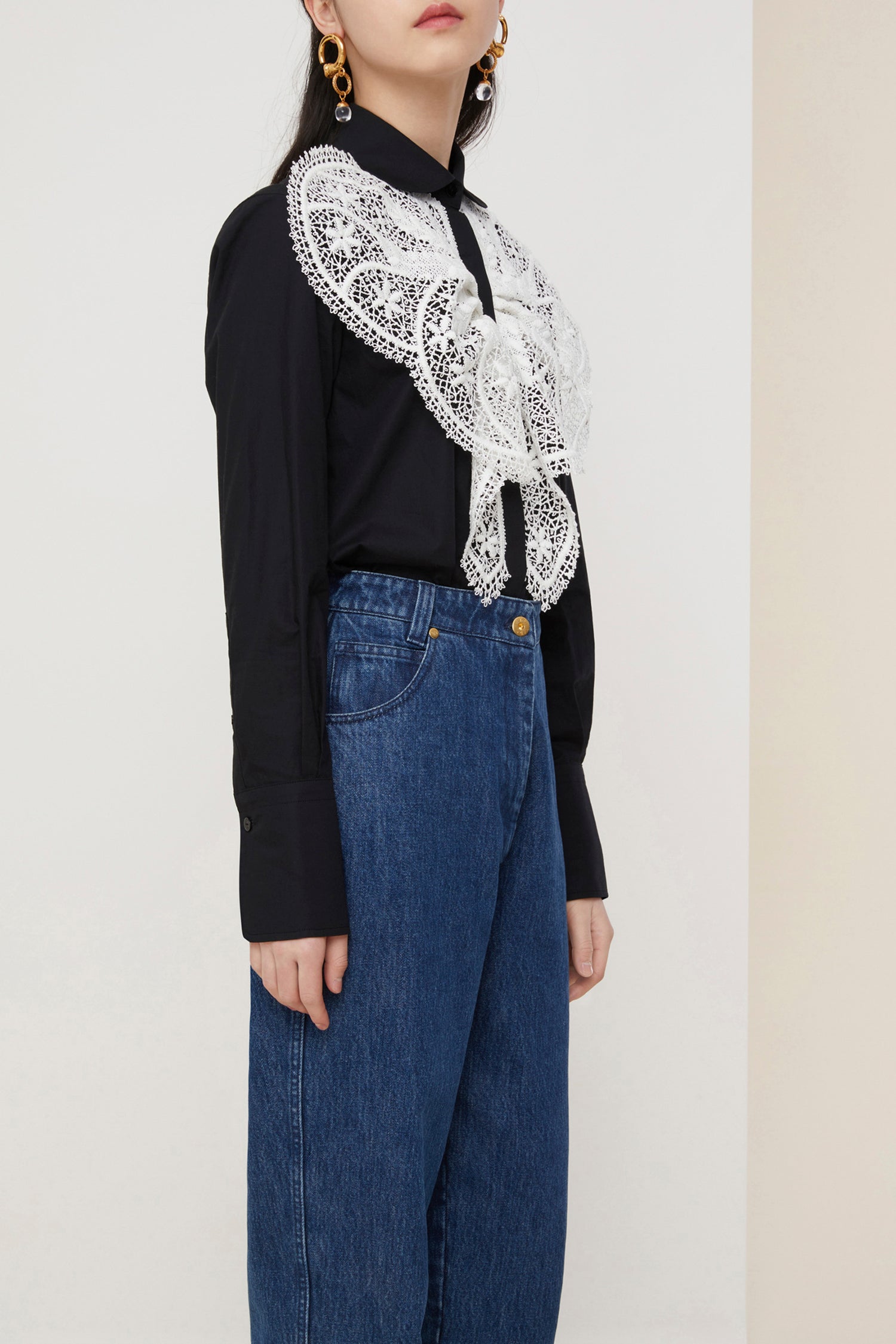 Chemise à plastron en dentelle - Noir