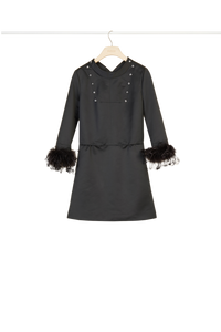 Robe en satin à poignets en plumes amovibles - Noir