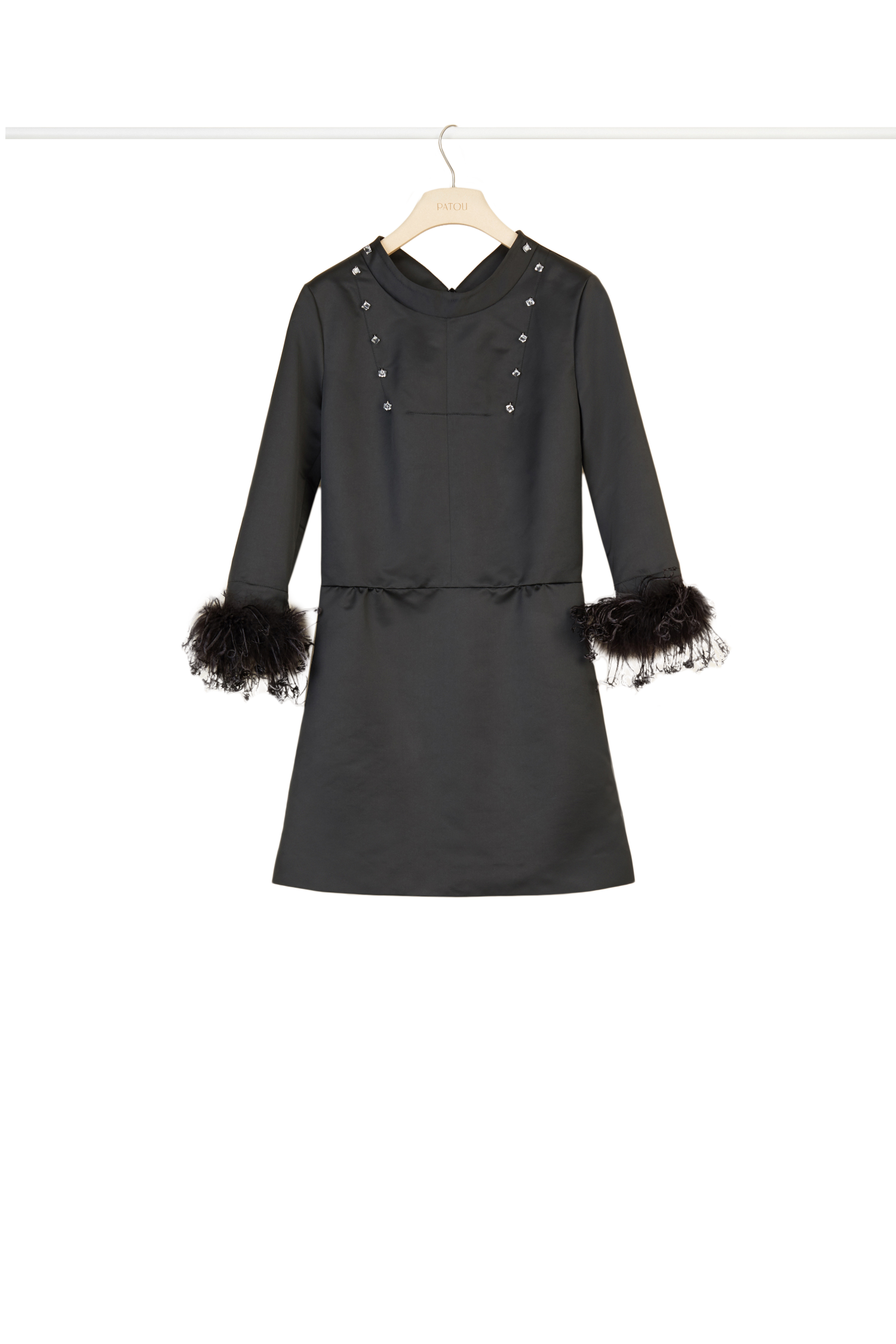 Robe en satin à poignets en plumes amovibles - Noir