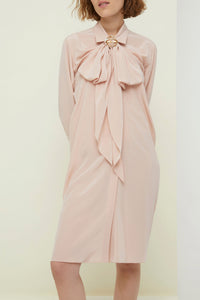 Robe chemise courte en soie à col lavallière - Beige Doré