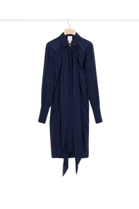 Robe chemise courte en soie à col lavallière - Bleu Marine