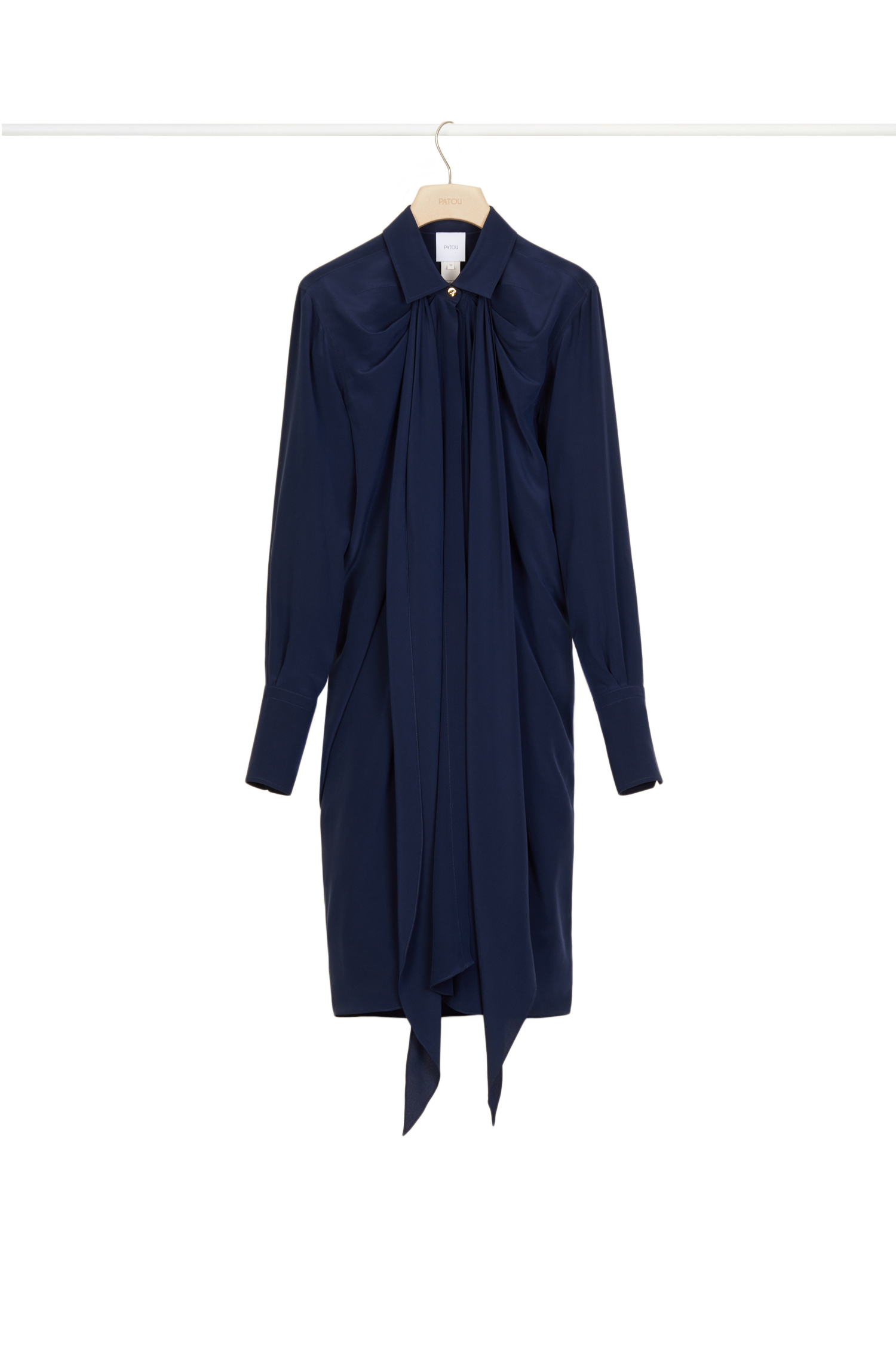 Robe chemise courte en soie à col lavallière - Bleu Marine