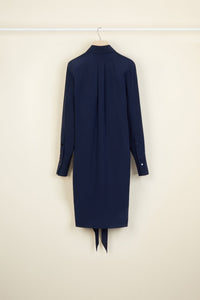 Robe chemise courte en soie à col lavallière - Bleu Marine