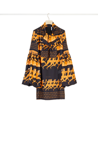 Robe courte imprimée à col lavallière - Noir et ocre