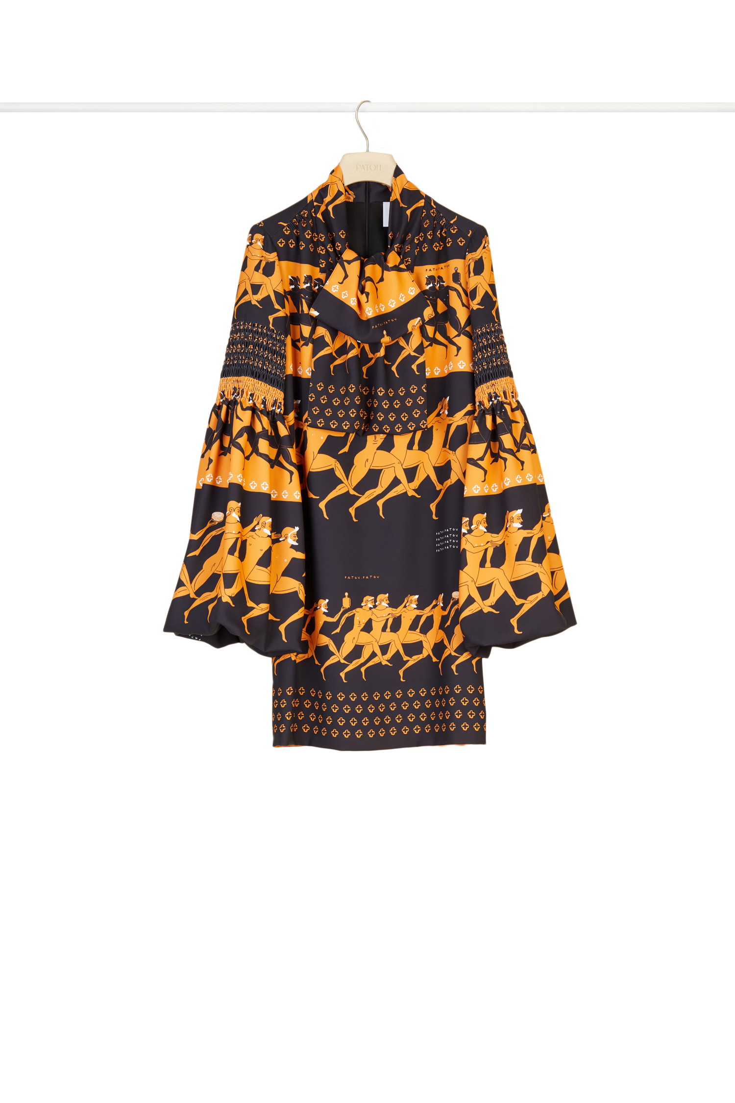 Robe courte imprimée à col lavallière - Noir et ocre