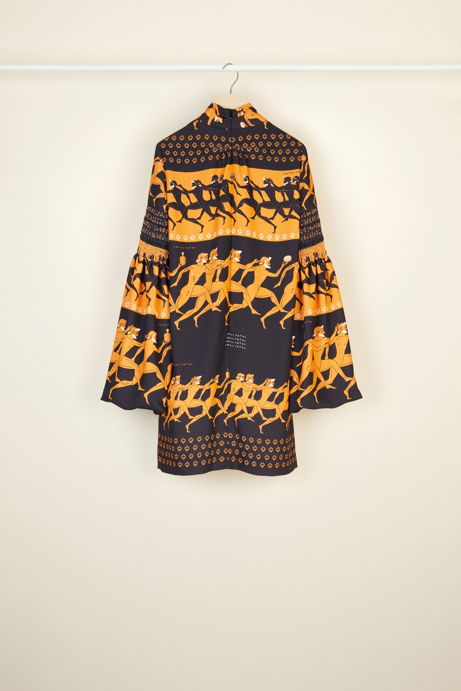 Robe courte imprimée à col lavallière - Noir et ocre