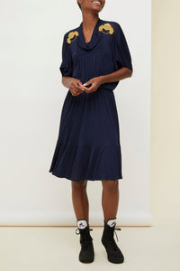Robe midi à smocks - Bleu Saphir