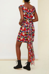 Robe en soie imprimée à épaules dénudées - Flowers Bloom