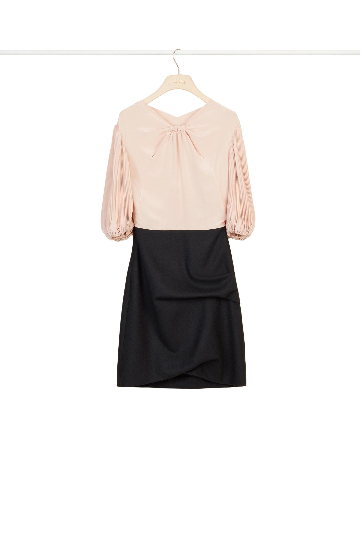 Robe courte en soie et laine à manches plissées - Beige Doré
