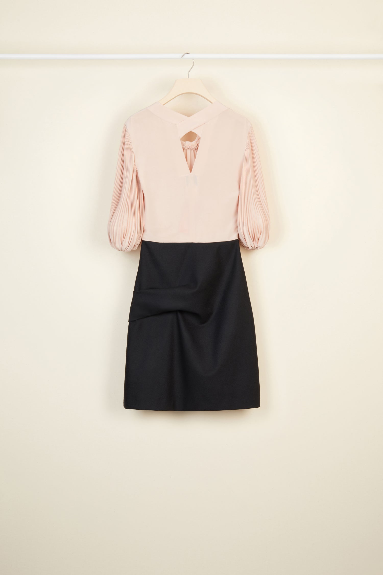 Robe courte en soie et laine à manches plissées - Beige Doré