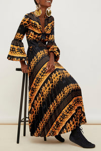 Robe longue plissée imprimée - Noir et ocre