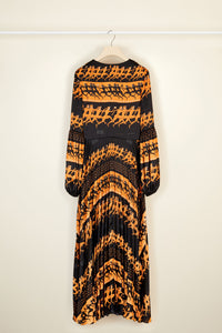 Robe longue plissée imprimée - Noir et ocre