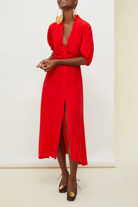 Robe chemise en soie à col drapé - Rouge