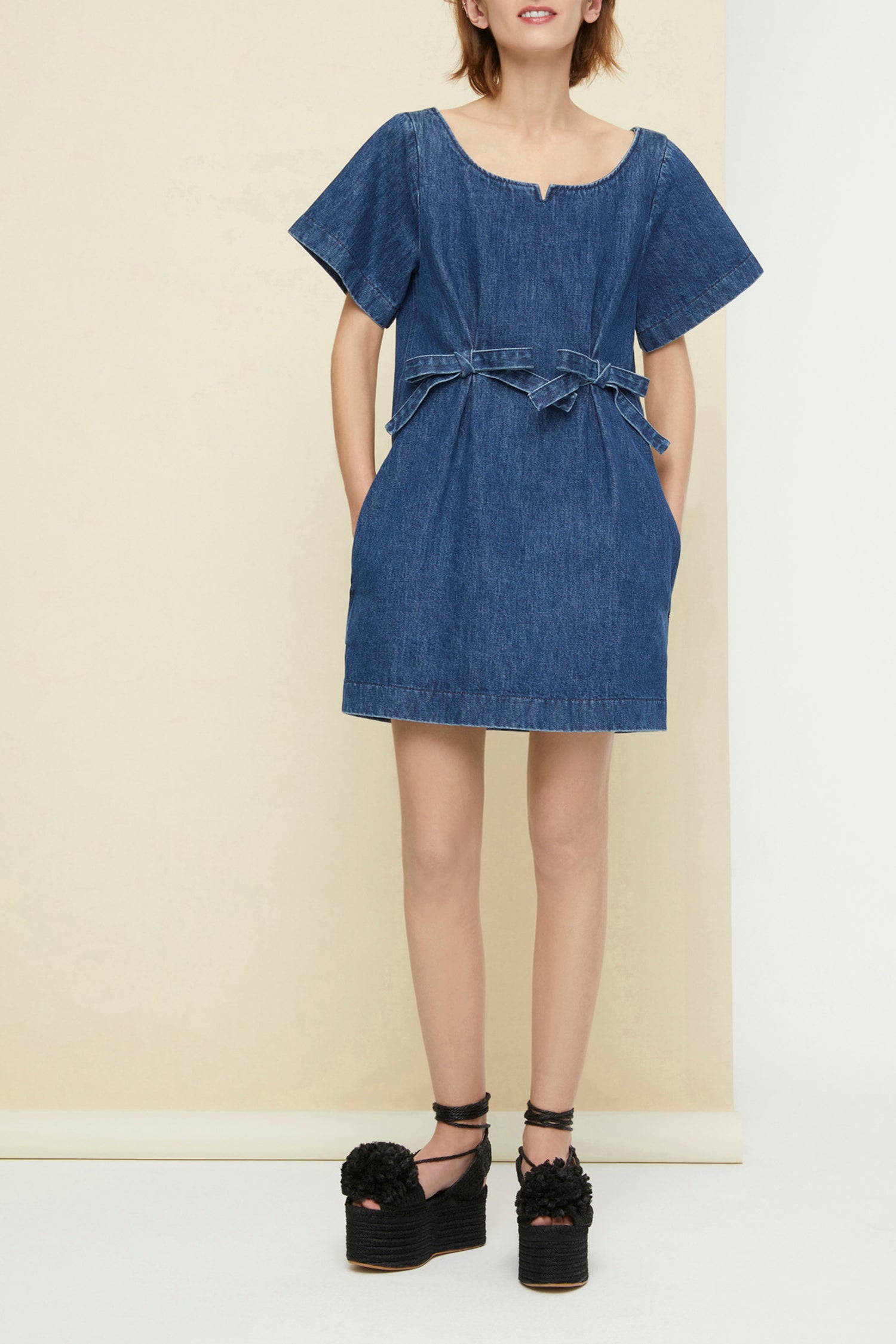 Robe courte en denim à noeuds - Bleu Indigo