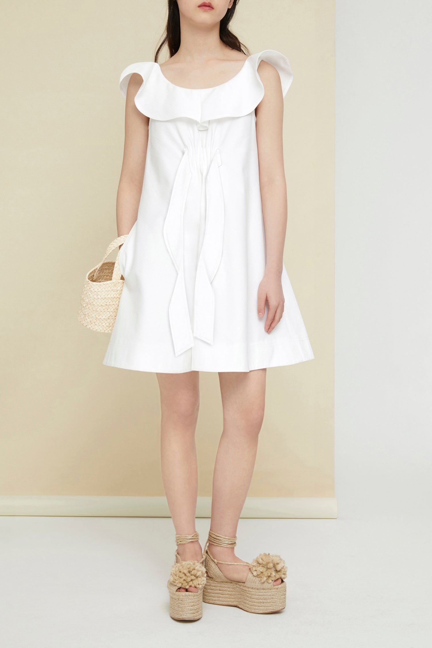 Robe à volants en coton chevronné - Perle