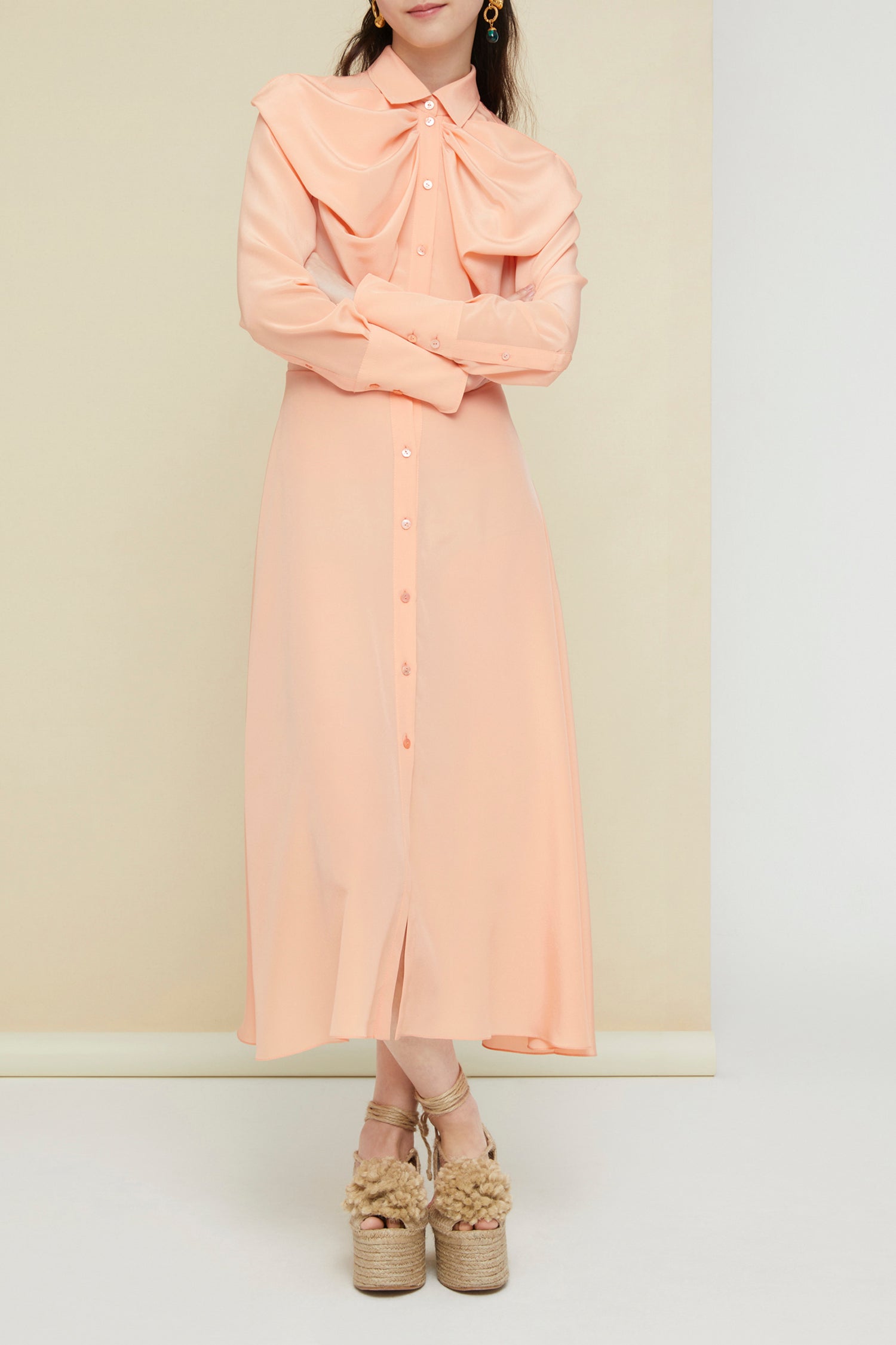Robe midi à col noeud - Corail