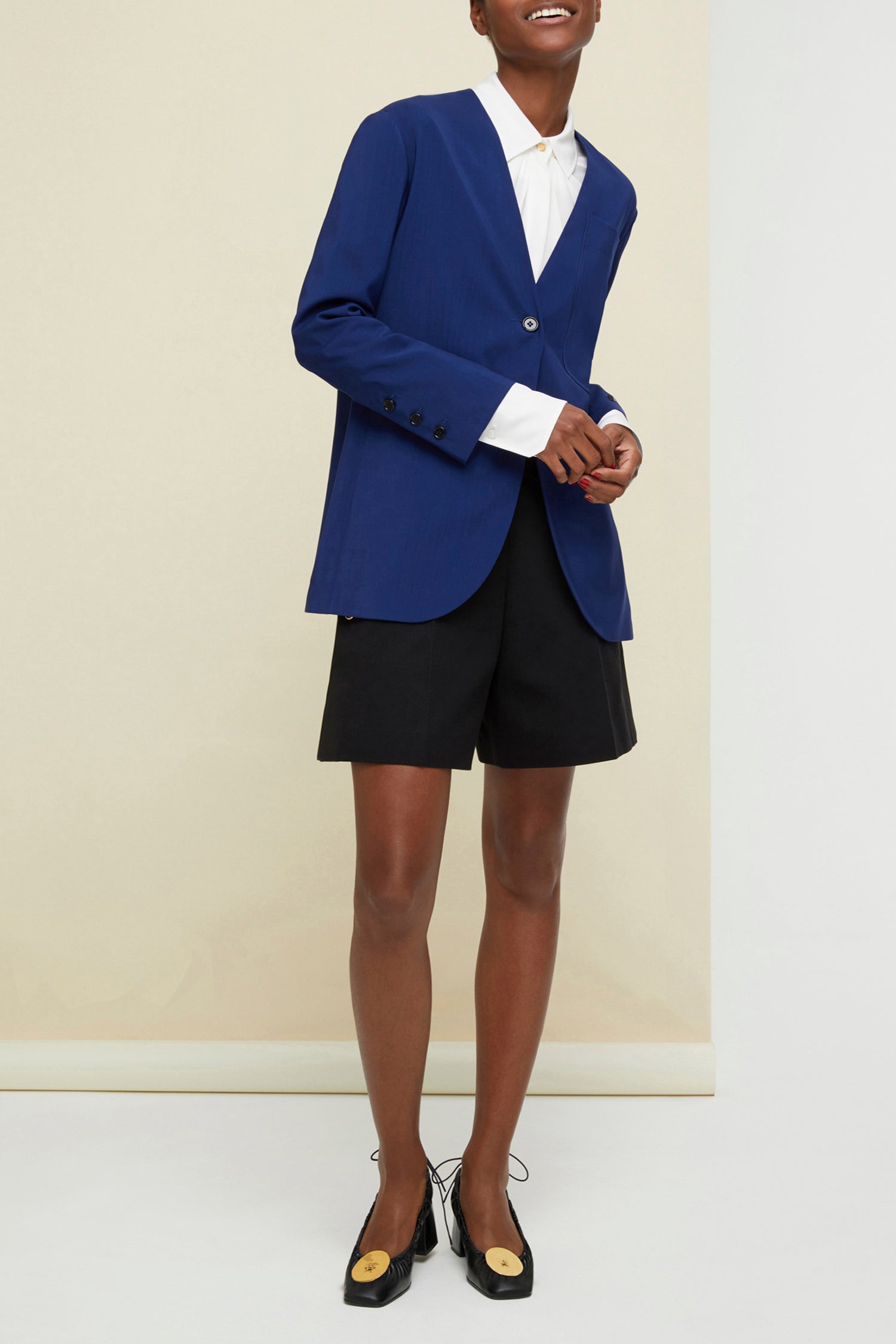 Veste sans col en laine d'été - Bleu Persan