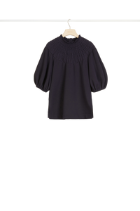 Sweat en coton à col smocké - Bleu Marine