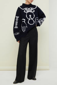 Pull en laine Mérinos à motifs brodés - Bleu Marine