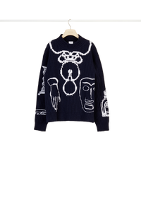 Pull en laine Mérinos à motifs brodés - Bleu Marine