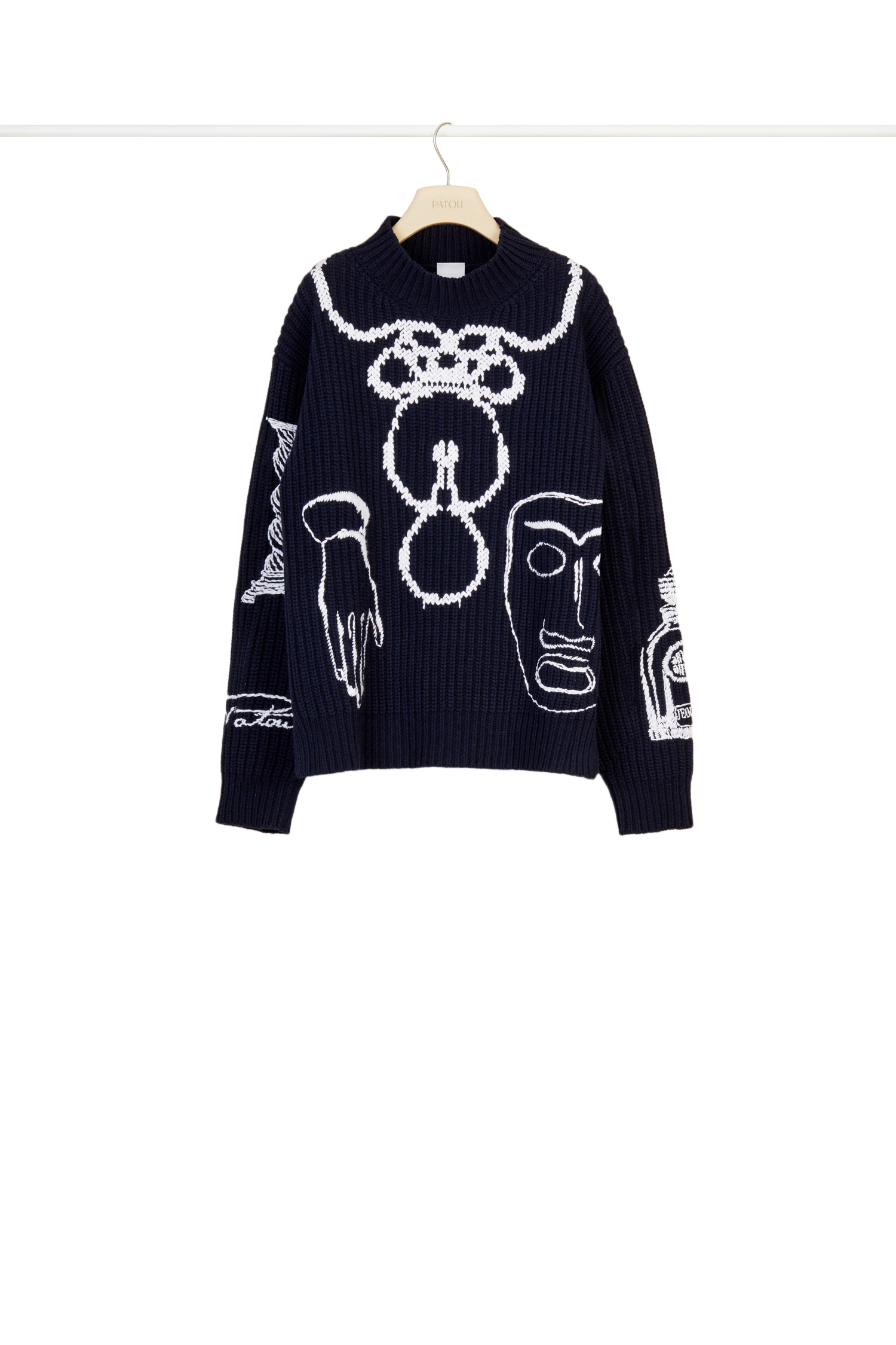 Pull en laine Mérinos à motifs brodés - Bleu Marine