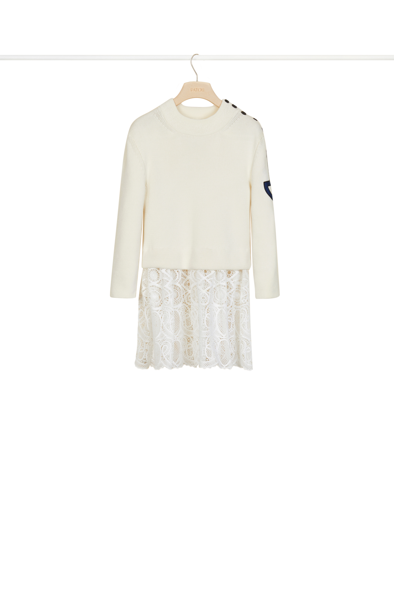 Pull breton en coton avec décoration guipure - Crème