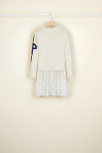 Pull breton en coton avec décoration guipure - Crème