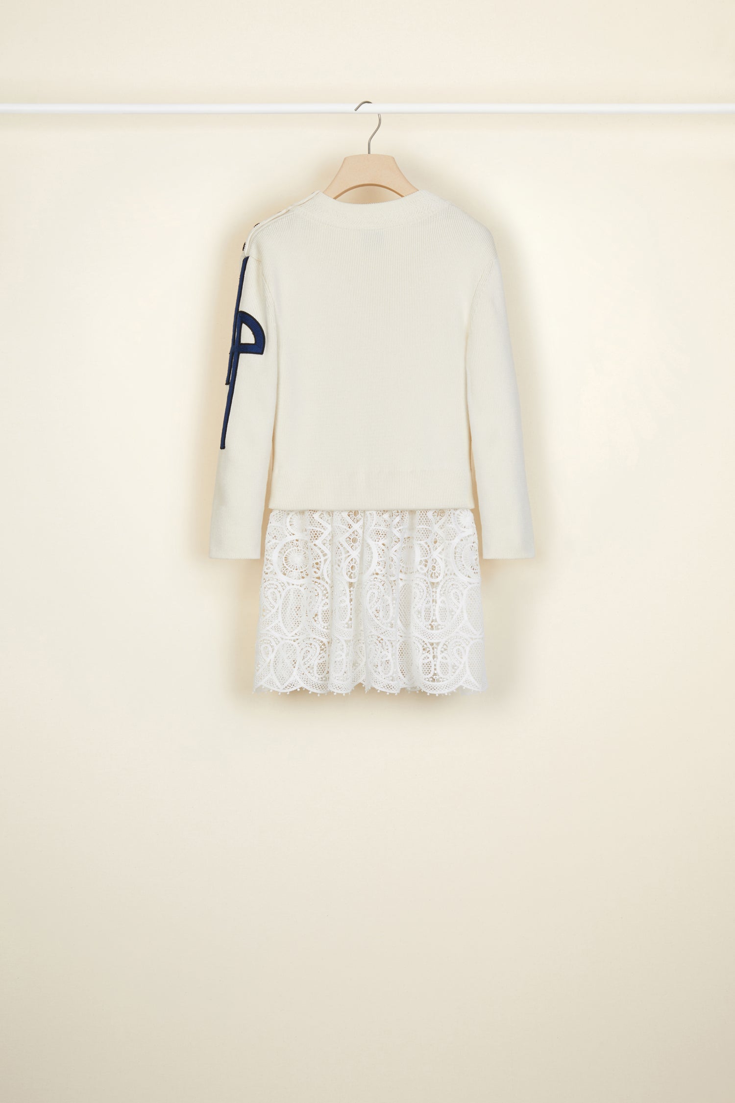Pull breton en coton avec décoration guipure - Crème
