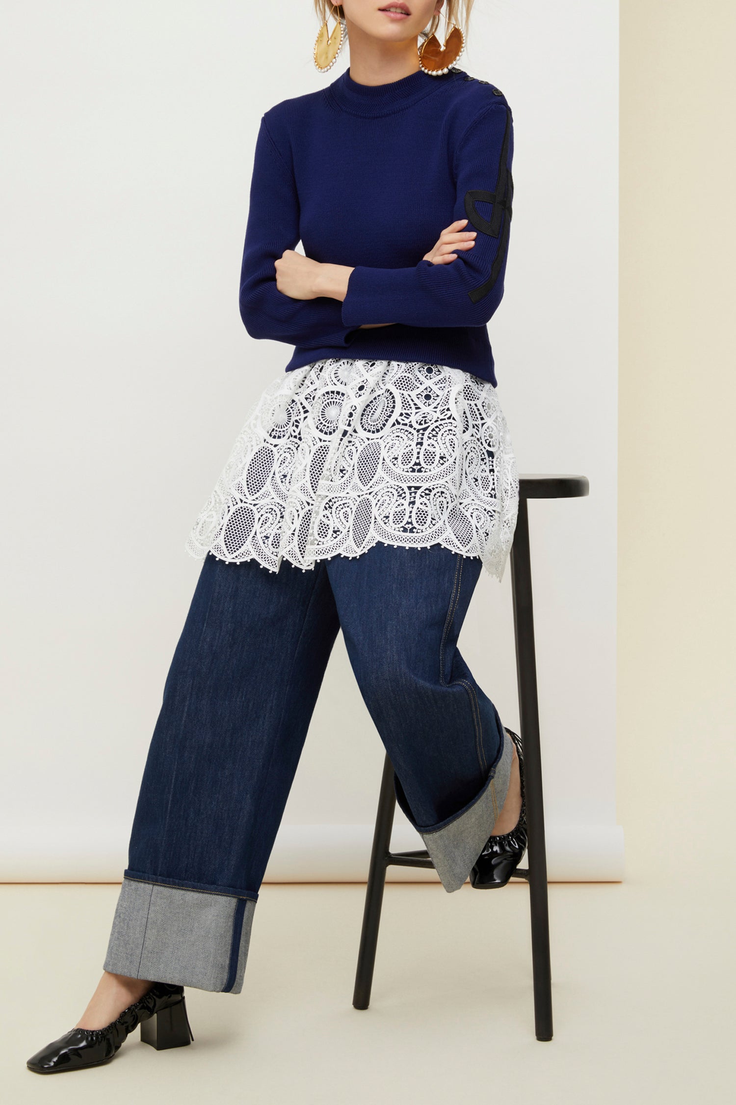 Pull breton en coton avec décoration guipure - Bleu Persan