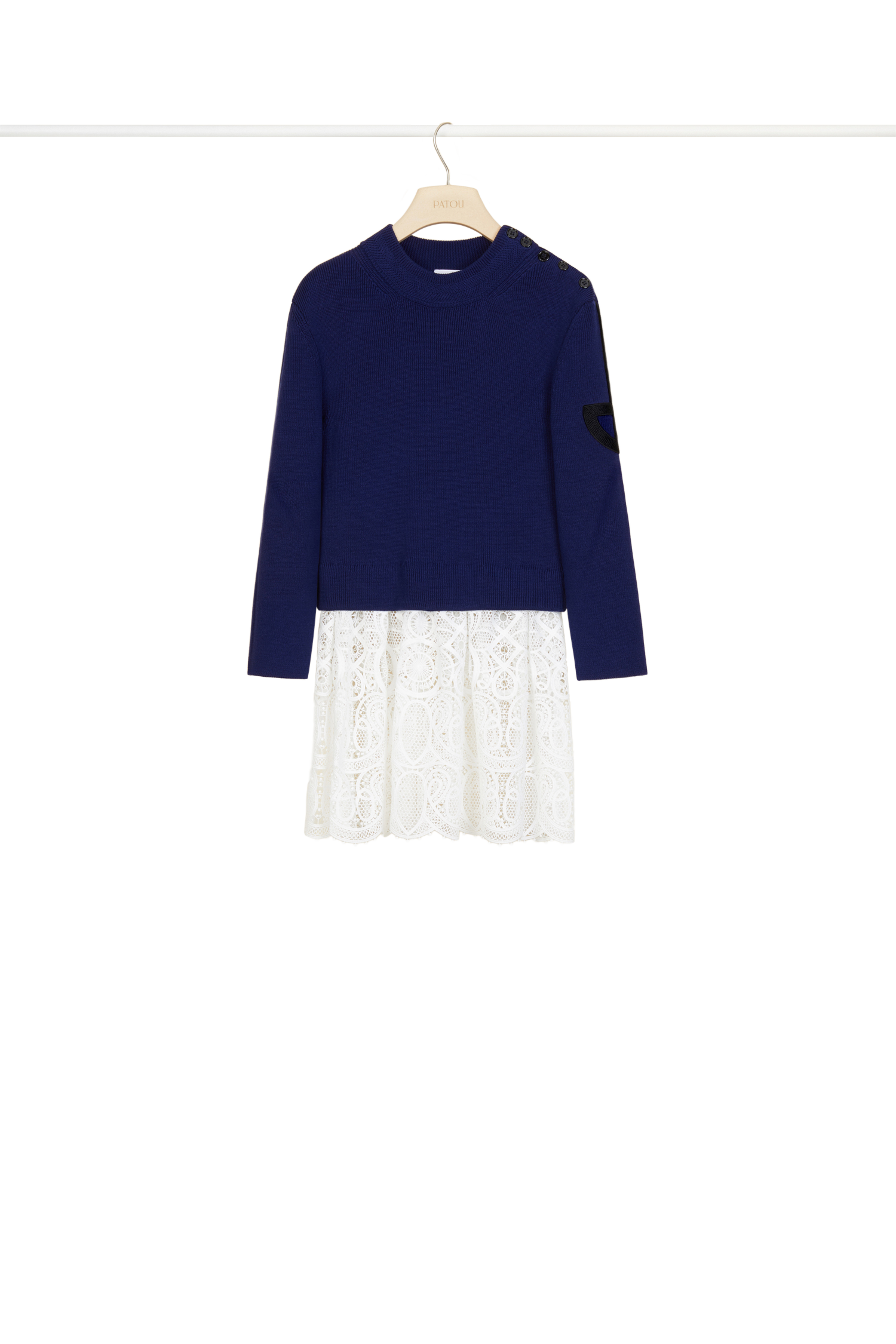 Pull breton en coton avec décoration guipure - Bleu Persan