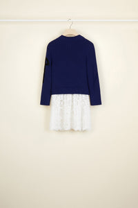 Pull breton en coton avec décoration guipure - Bleu Persan
