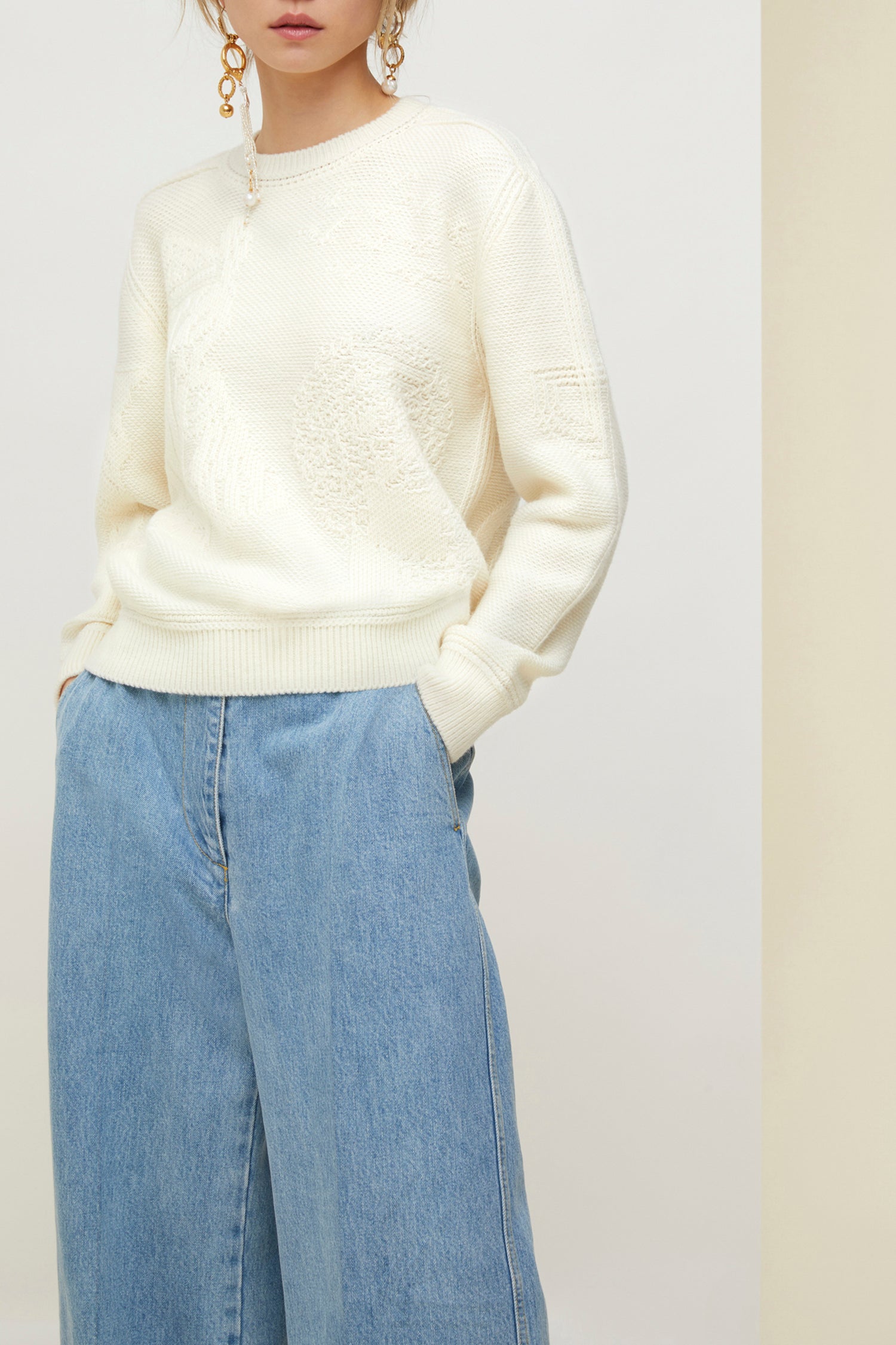 Pull en laine à motifs 3D - Crème