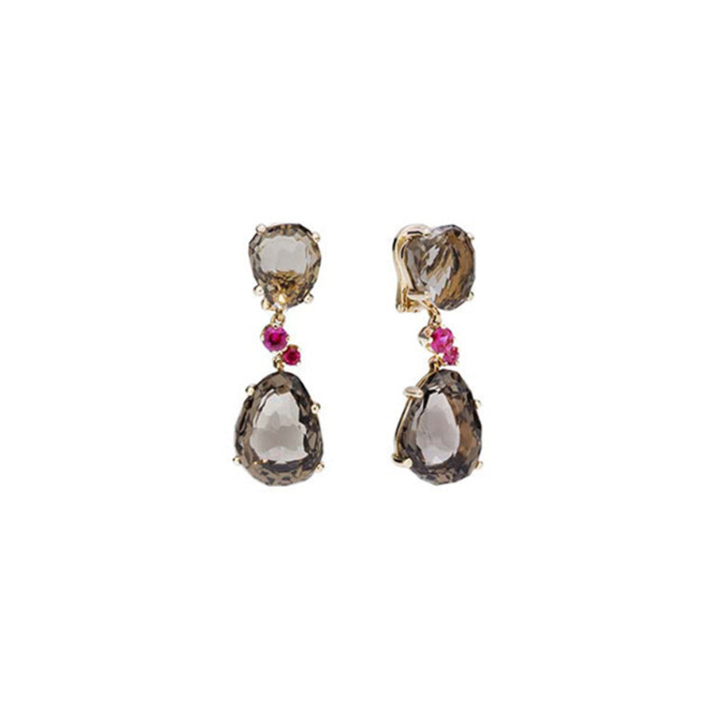 Boucles d'oreilles Bahia en Or Rose 18K & Rubis et Quartz Fumé