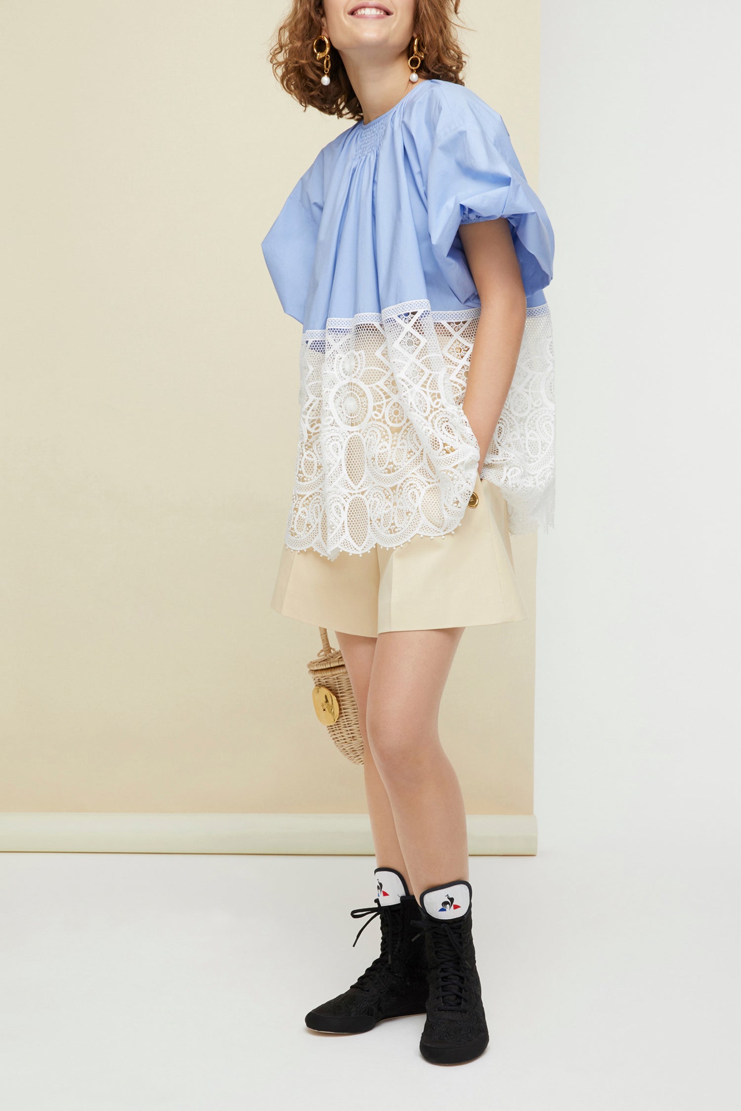 Top Communion en coton et guipure - Bleu