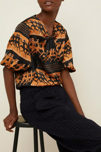 Blouse imprimée à manches ballons - Noir et ocre
